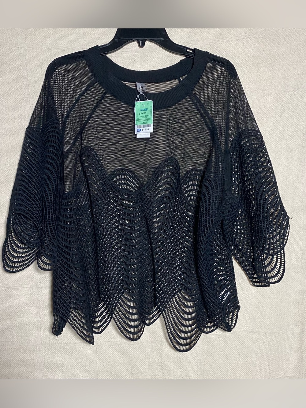 Mirror Image Black Mesh Wave Scalloped Knit Crop Top Open Crochet Sheer Sz 3XL